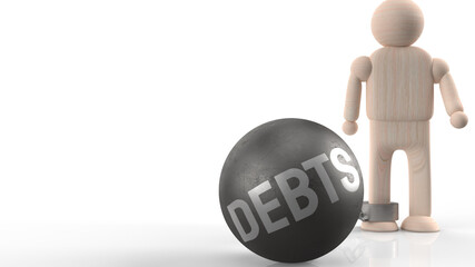 wood figure and Debts metal ball 3d rendering  for Financial concept.