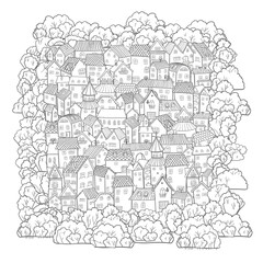Fototapeta premium Cute cartoon town. Handdraw illustration small houses and trees.