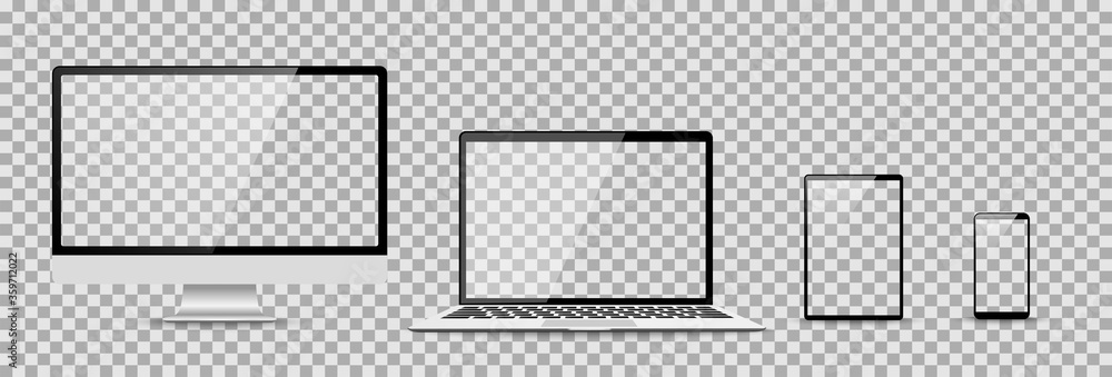 Poster set of compute, laptop, smartphone with empty screens. design on transparent background. . vector il