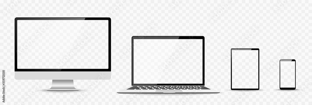 Poster set of compute, laptop, smartphone with empty screens. design on transparent background. . vector il
