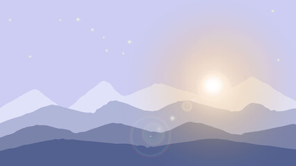 Beautiful mountain snowy natural landscape in blue with a view of the mountains and the horizon at dawn