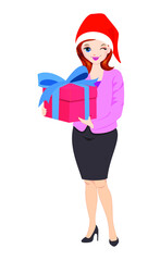 Corporate woman celebrating Christmas ,holding gift and wearing Christmas hat