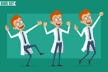 Cartoon flat redhead little doctor or scientist boy character in uniform. Ready for animation. Kid jumping, showing thumbs up and muscles. Isolated on green background. Vector set.