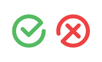 Check mark icons. Green tick symbol and red x sign in circle. Icons for evaluation quiz. Vector.