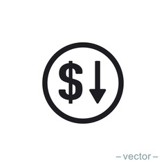 Dollar down icon symbol vector on white background. Solid style. EPS 10.