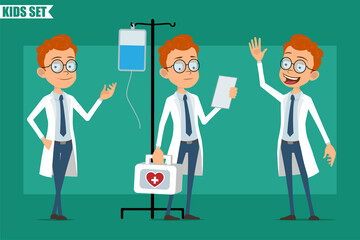 Cartoon flat redhead little doctor or scientist boy character in uniform. Ready for animation. Kid saying Hello, reading note and holding first aid kit. Isolated on green background. Vector set.