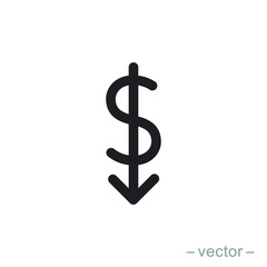 Dollar down icon symbol vector on white background. Solid style. EPS 10.