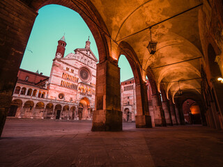Wide View of Cathedral of Cremona with Torrazzo , talles brick tower of Euorpe, and Baptistery in...