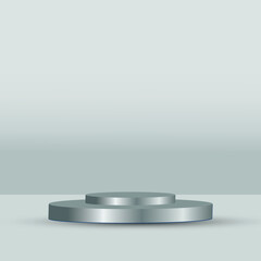 Studio template and a silver round pedestal on a light silver background. Empty studio podium for product advertising. Vector illustration.