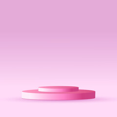 Studio template and a pink round pedestal on a light pink background. Empty studio podium for product advertising. Vector illustration.
