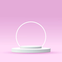 Studio template and a pink round pedestal on a light pink background. Empty studio podium for product advertising. Vector illustration.