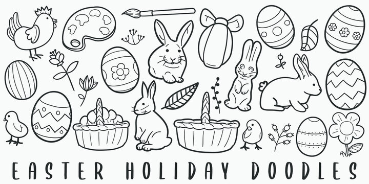 Easter Holidays Doodle Line Art Illustration. Hand Drawn Vector Clip Art. Banner Set Logos.