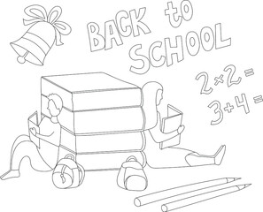 Back to school. Boy and girl read, study. A bunch of books and textbooks, examples in mathematics, numbers. Line art vector illustration.