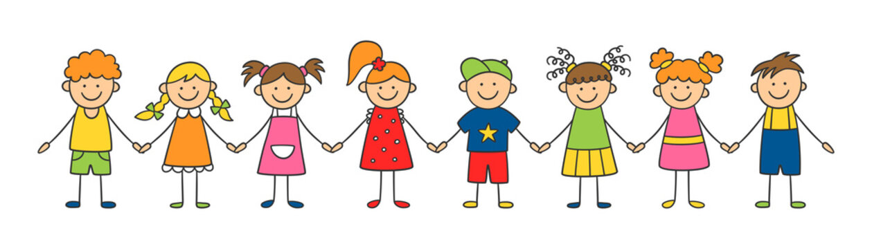 Group of funny kids holding hands. Friendship concept. Happy cute doodle children. Isolated vector illustration in hand drawn style on white background