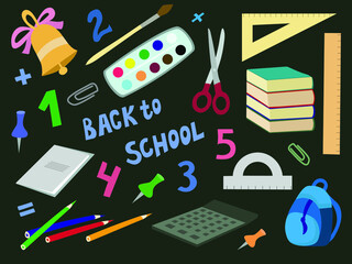 school supplies and creative elements. Back to school background. Vector illustration. Flat design