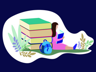 girl is reading a book, engaged in education. A stack of books. Vector illustration. Flat design