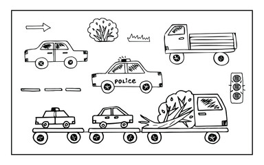 Hand drawn vector doodle set of transport and related parts on the road, namely a truck with a trailer-platform, car, police, dump truck, traffic light, road markings and greens on the side.