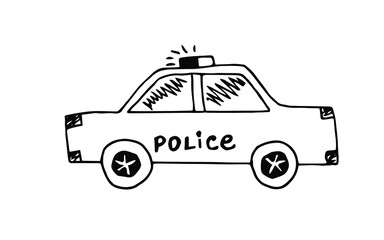 A hand-drawn black and white vector of a police car that can be used for children's illustrations, for signs in the rules of the road, as well as for printing products for boys.