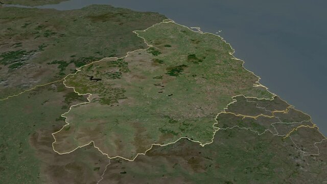 Northumberland, administrative county with its capital, zoomed and extruded on the satellite map of England in the conformal Stereographic projection. Animation 3D