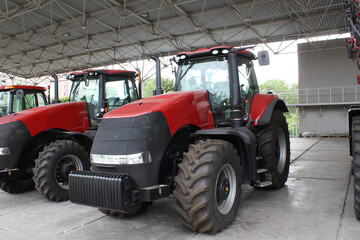 The colorful tractors in the road