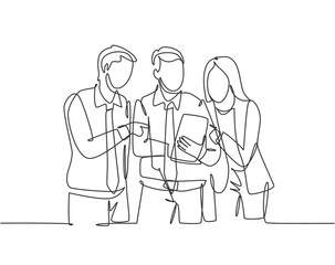 One single line drawing of young happy male and female workers talking about company project together while opening document. Business meeting concept continuous line draw design vector illustration