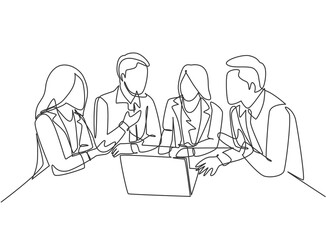 One continuous line drawing of young CEO presenting company business model to female team members at the office. Business meeting concept. Modern single line draw design graphic vector illustration