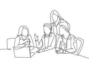 One single line drawing of young business men watching laptop screen during meeting with colleagues at office room. Brainstorming ideas concept. Continuous line draw design graphic vector illustration