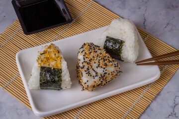 Onigiri, Japanese food, Japanese rice ball, rice triangle with seaweed.