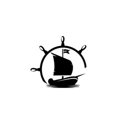 Ship logo, design logo concept of shipping freight services, Old trading ship from wood strongly sail explore the ocean