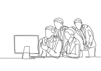 One single line drawing of young business man and business woman enrolled online conference via monitor screen. Modern teleconference concept continuous line draw design graphic vector illustration