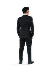 Obraz na płótnie Canvas Young businessman rear view, full length portrait isolated on white background.