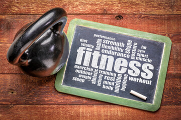 fitness word cloud on a slate blackboard with a kettlebell, workout, training and exercise concept