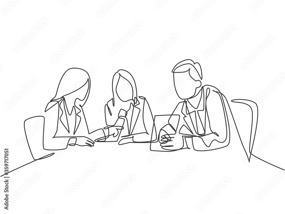Aufkleber one single line drawing of young company founders brainstorming innovation ideas in a business meeti