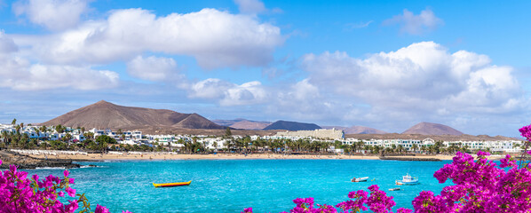 Landscape with Costa Teguise on Lanzarote, Canary Islands - obrazy, fototapety, plakaty