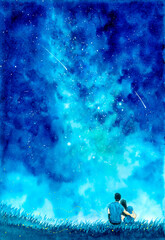 Watercolor Painting - Couple under Starry Night with Milky Way