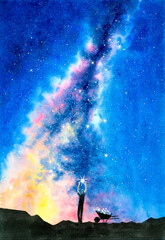 Watercolor Painting - Man collect stars under Starry Night With Milky Way