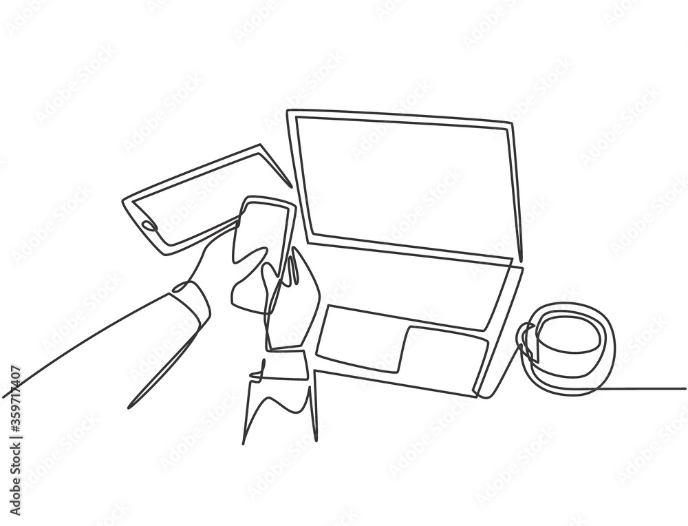 Poster single continuous line drawing of hand gestures holding and touching smartphone screen with a cup of