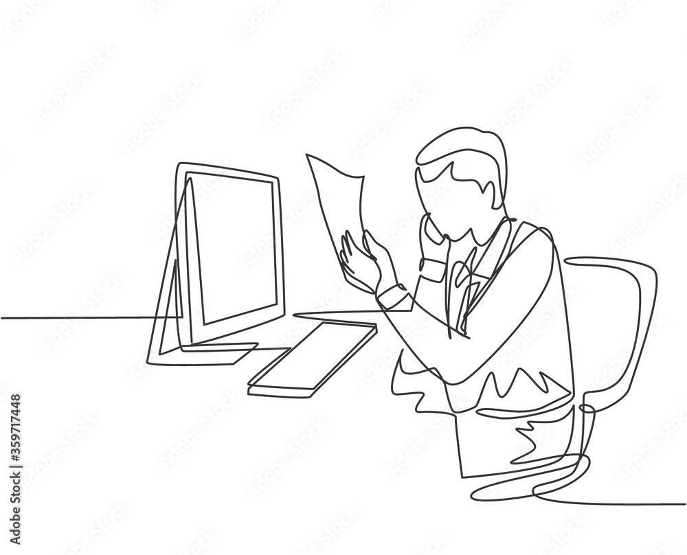 Poster one single line drawing of young startup founder reading company annual report on tablet and calling