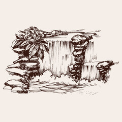 Waterfall on a river hand drawing design element