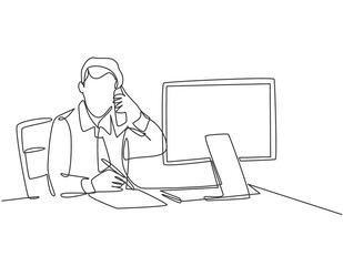 Fototapeta na wymiar One single line drawing of young startup CEO writing business deal draft on paper and consulting it with his mentor on phone. Business mentoring concept continuous line draw design vector illustration
