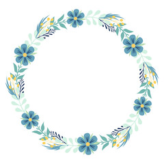 Fototapeta na wymiar Vector floral frame - wreath with leaves and flowers. Flat illustration isolated on white background.