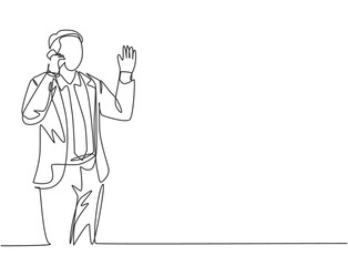 One continuous line drawing of young startup CEO holding smartphone to call investor and convincing investor to invest at his company. Business deal concept single line draw design vector illustration