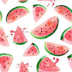 Simple Seamless pattern with watercolor watermelon slices. Beautiful hand drawn texture on white background.