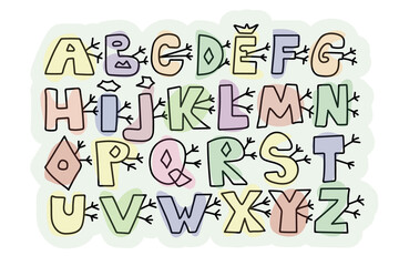 Latin alphabet. ABC. Hand drawn letters with graphic decoration elements. Cute, fun font for kids. Isolated on white background. Customezed colors. For banners, nursery design, postcards.
