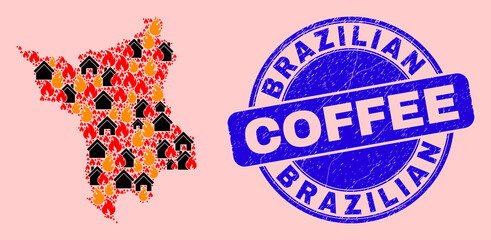 Fire hazard and houses collage Roraima State map and Brazilian Coffee unclean stamp seal. Vector collage Roraima State map is organized with random burning towns.