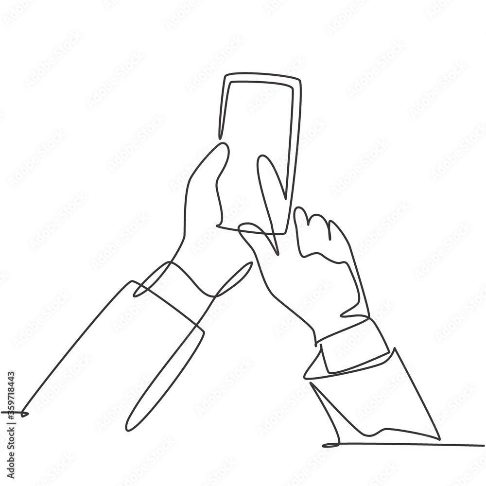 Aufkleber one continuous line drawing of gesture hands holding and touch the screen of smartphone to finish tr