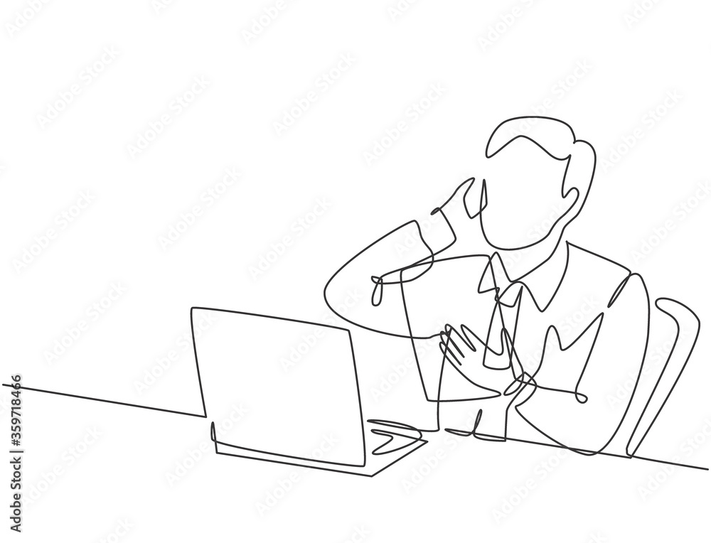 Poster one continuous line drawing of young manager read company annual report and match it with data at co