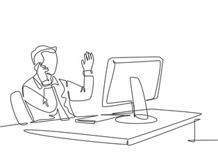 One continuous line drawing of young startup founder watch company growth report on computer screen while receiving phone from investor. Business accountability concept single line draw vector design