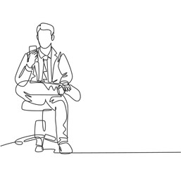 One single line drawing of young male manager touch smartphone screen during sitting relax on work chair and texting to partner. Work rest concept continuous line draw design vector illustration