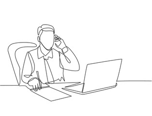 Fototapeta na wymiar One single line drawing of young male employee holding smartphone while writing report on paper and reading business report on laptop. Business concept continuous line draw design vector illustration